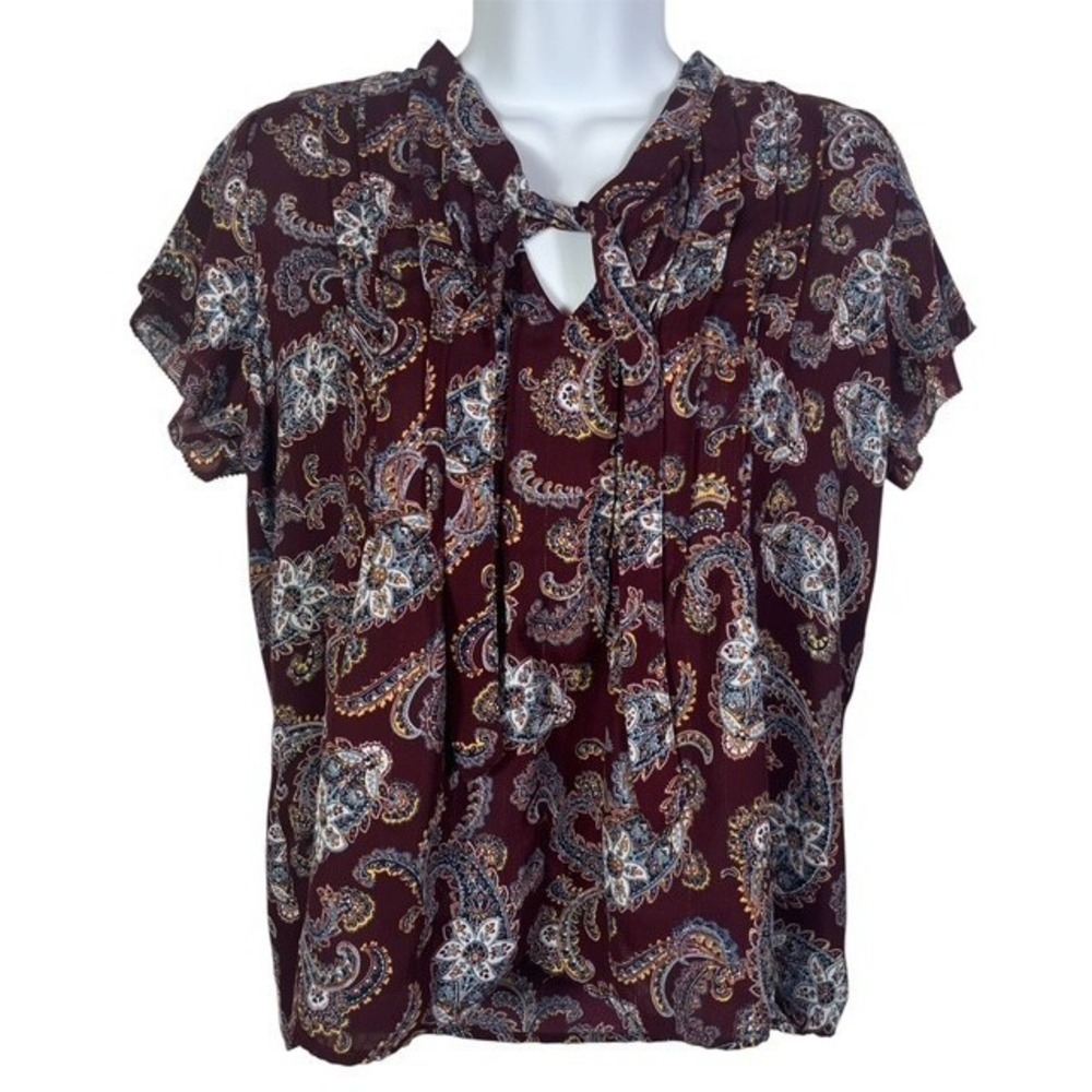 Land's End Womens Sz 4P Paisley Print Blouse Short Flutter Sleeves Tie Neck-1735
